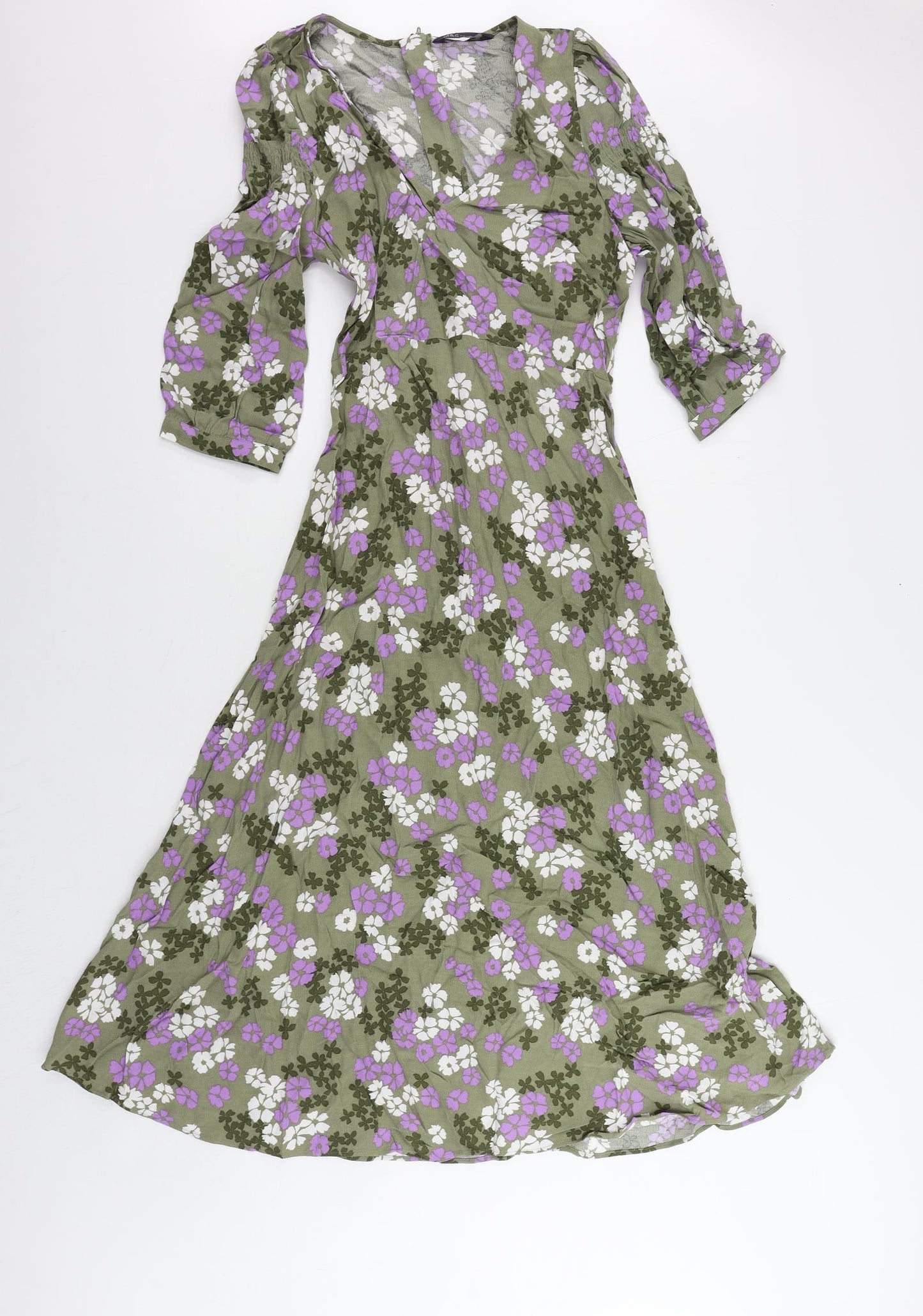 Marks and Spencer Womens Green Floral Viscose A-Line Size 6 V-Neck Zip