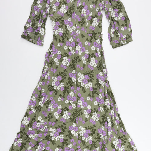 Marks and Spencer Womens Green Floral Viscose A-Line Size 6 V-Neck Zip