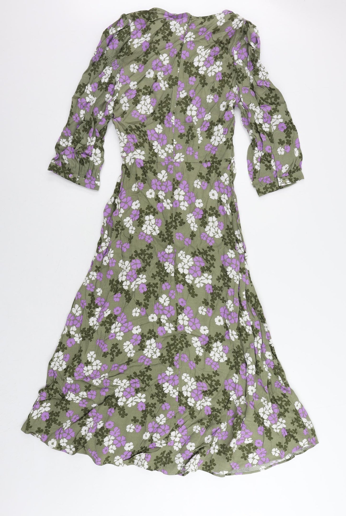 Marks and Spencer Womens Green Floral Viscose A-Line Size 6 V-Neck Zip