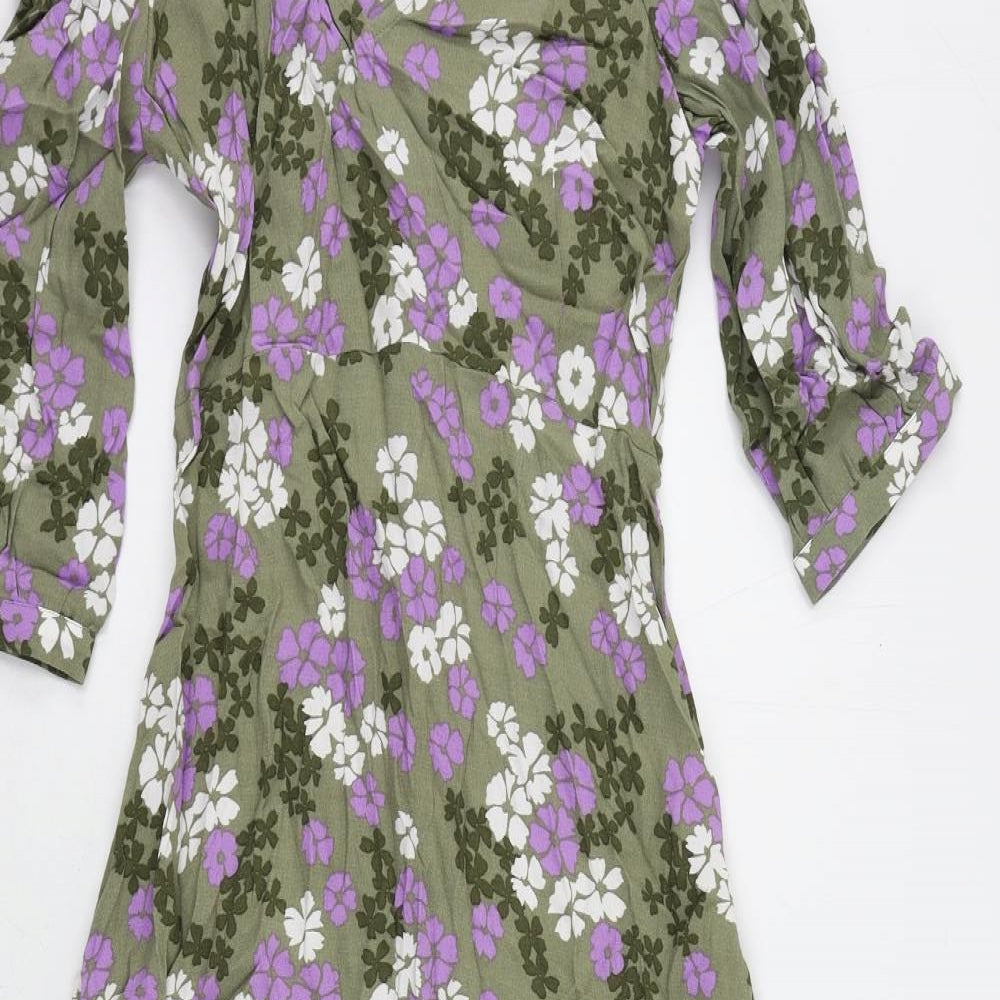 Marks and Spencer Womens Green Floral Viscose A-Line Size 6 V-Neck Zip