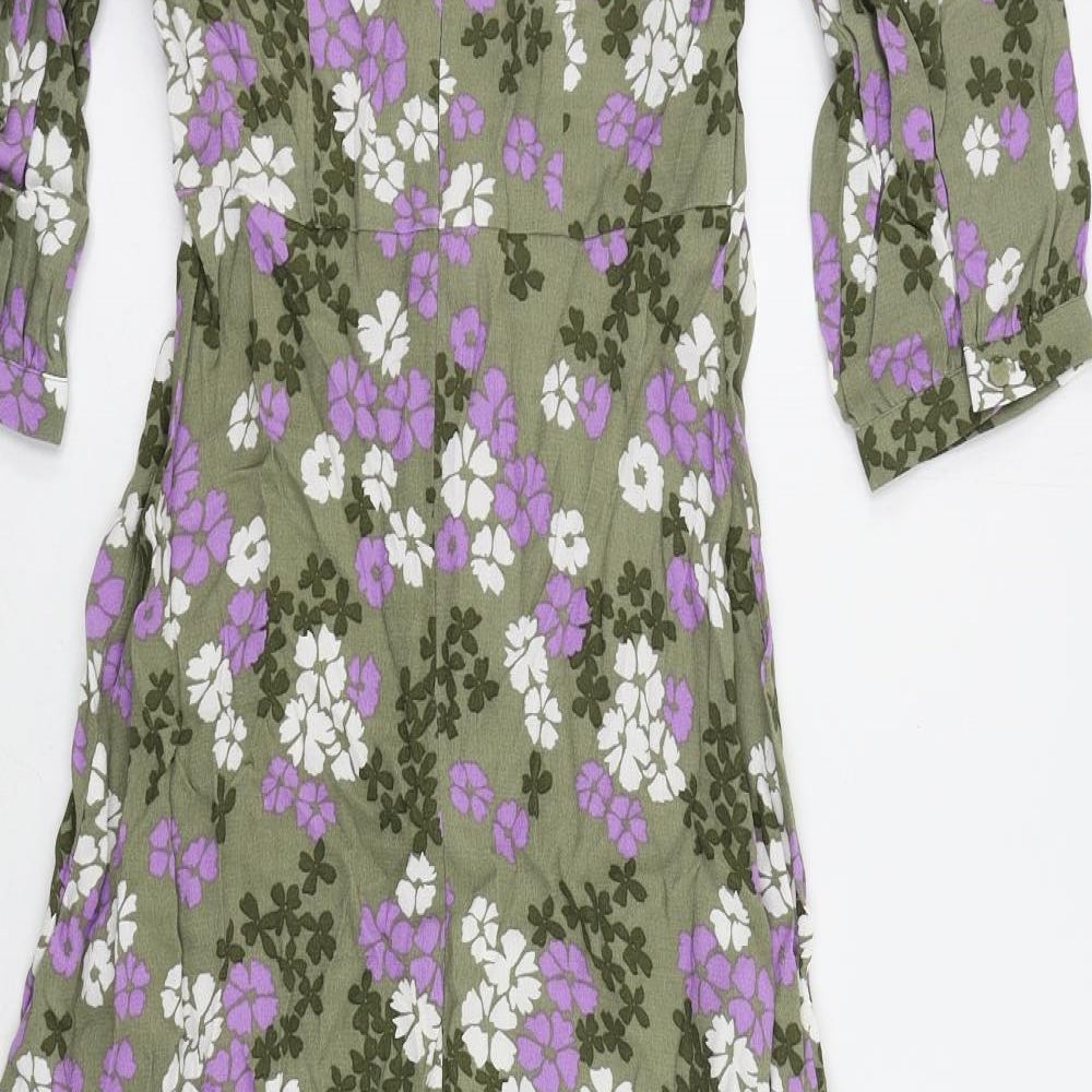 Marks and Spencer Womens Green Floral Viscose A-Line Size 6 V-Neck Zip