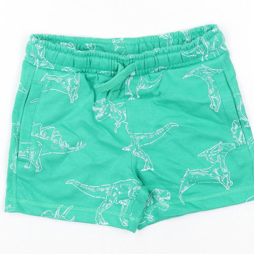 Marks and Spencer Boys Green Geometric Cotton Bermuda Shorts Size 2-3 Years Regular Drawstring - Dinosaur Print