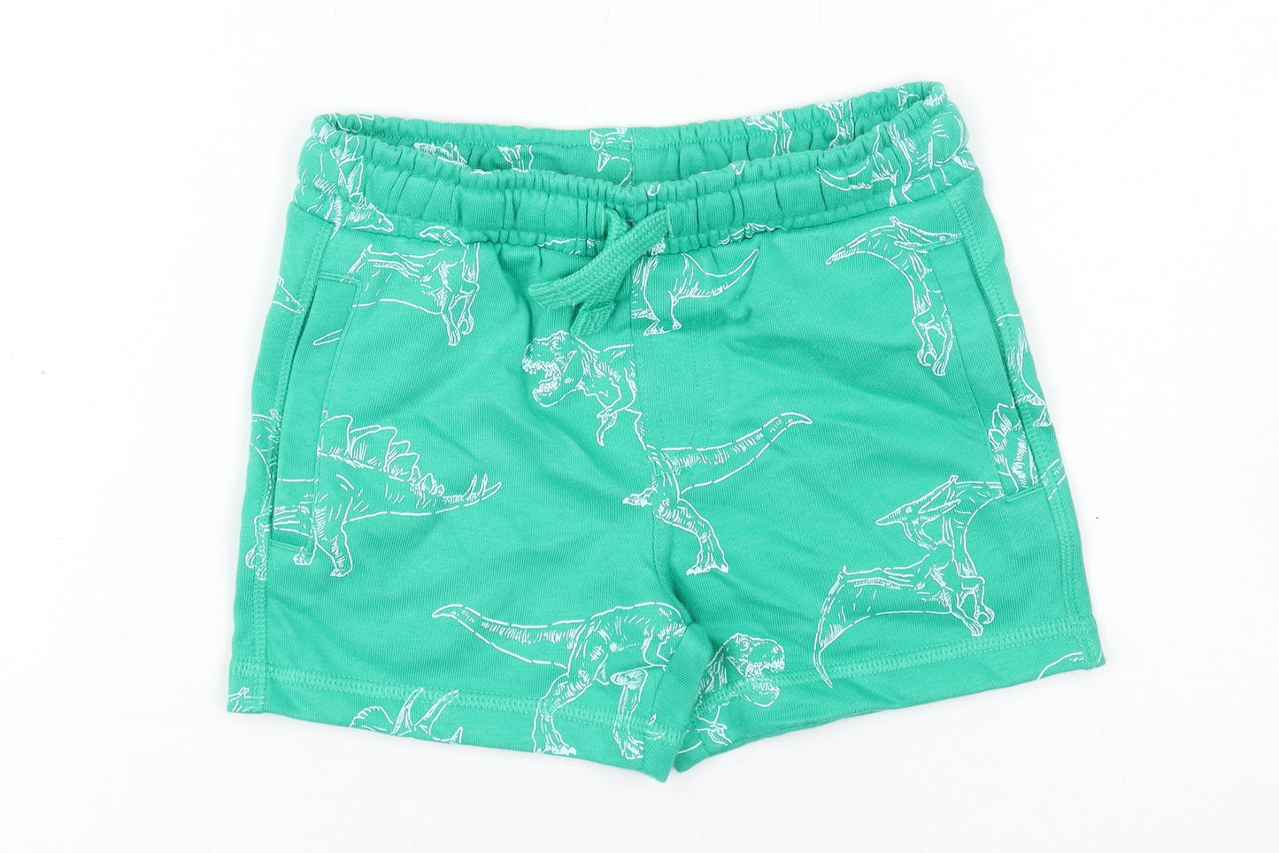 Marks and Spencer Boys Green Geometric Cotton Bermuda Shorts Size 2-3 Years Regular Drawstring - Dinosaur Print