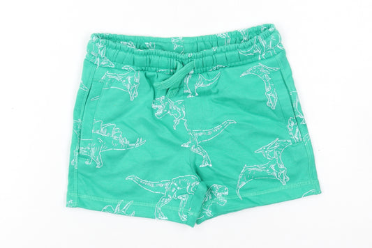 Marks and Spencer Boys Green Geometric Cotton Bermuda Shorts Size 2-3 Years Regular Drawstring - Dinosaur Print