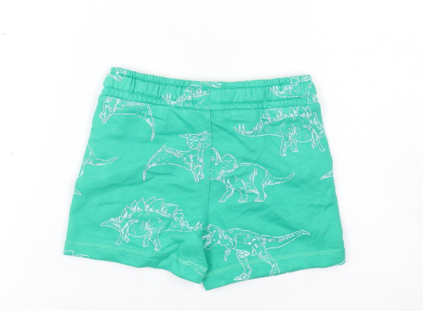 Marks and Spencer Boys Green Geometric Cotton Bermuda Shorts Size 2-3 Years Regular Drawstring - Dinosaur Print