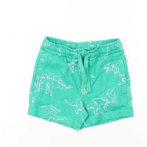 Marks and Spencer Boys Green Geometric Cotton Bermuda Shorts Size 2-3 Years Regular Drawstring - Dinosaur Print