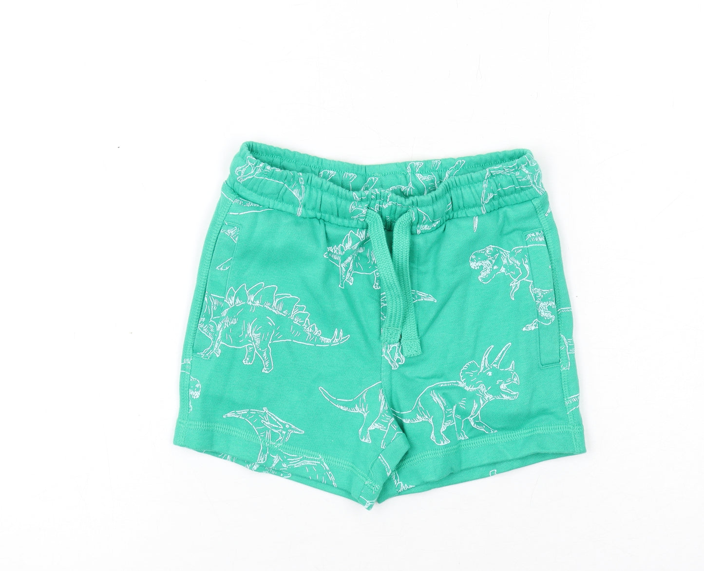 Marks and Spencer Boys Green Geometric Cotton Bermuda Shorts Size 2-3 Years Regular Drawstring - Dinosaur Print