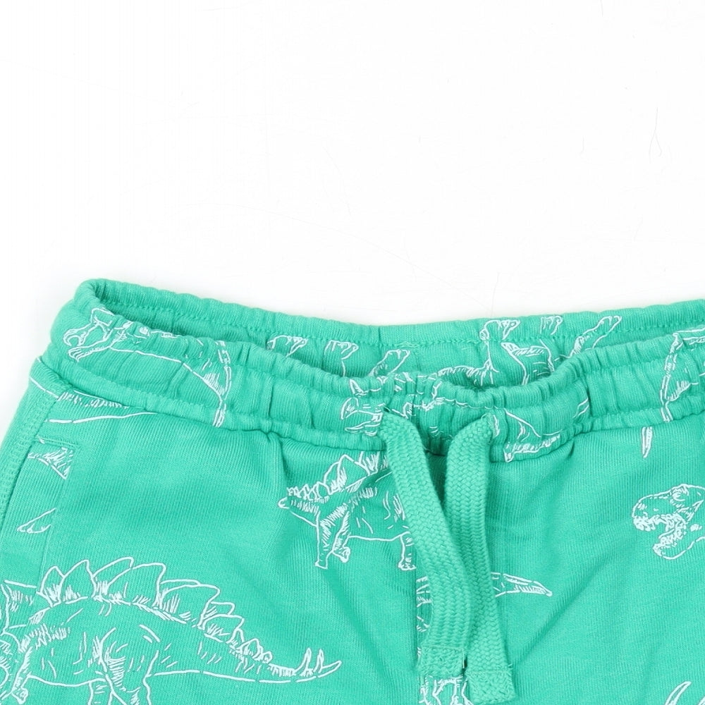 Marks and Spencer Boys Green Geometric Cotton Bermuda Shorts Size 2-3 Years Regular Drawstring - Dinosaur Print