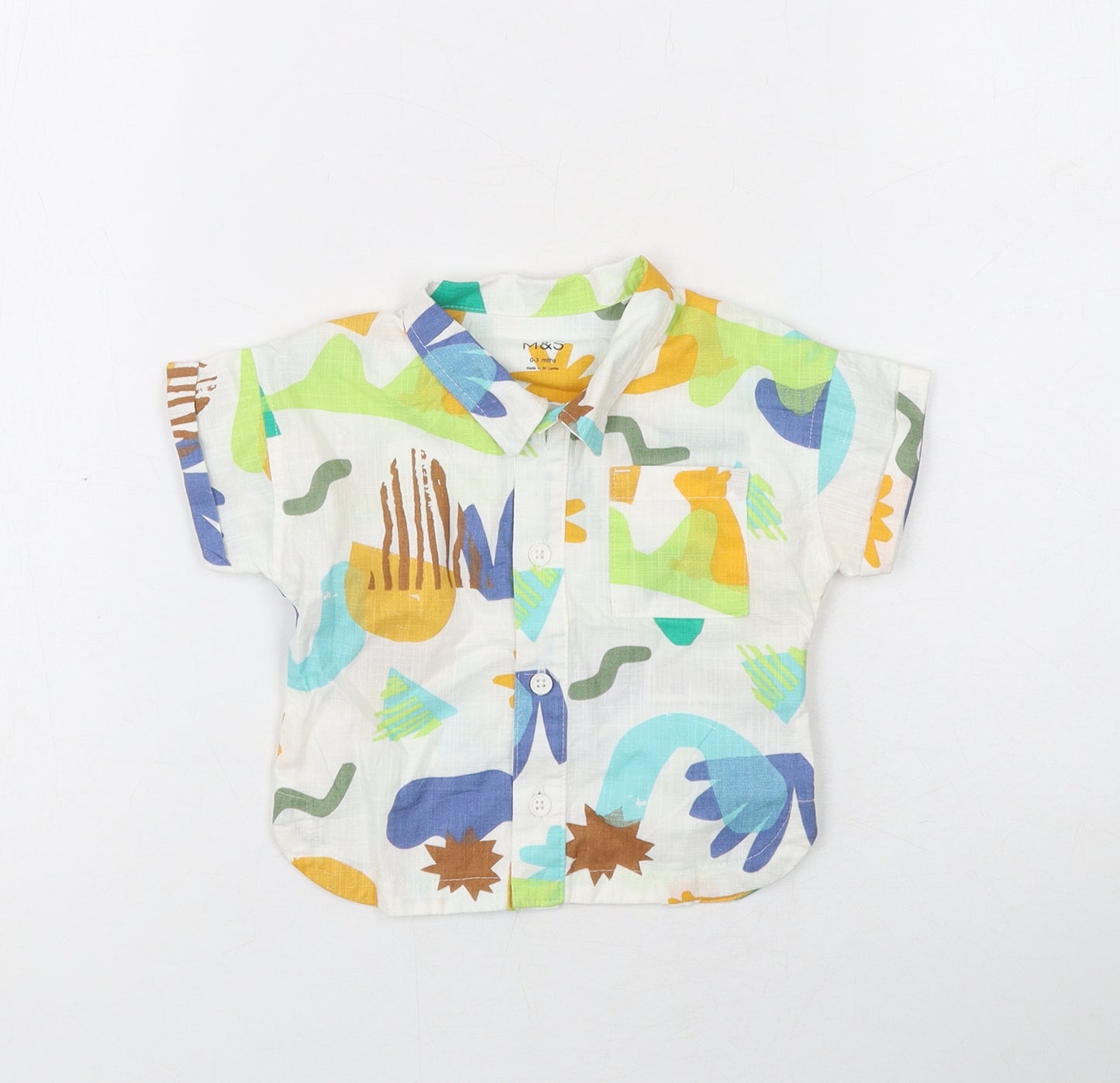 Marks and Spencer Boys White Geometric Cotton Basic Button-Up Size 0-3 Months Collared Button - Dinosaur Print