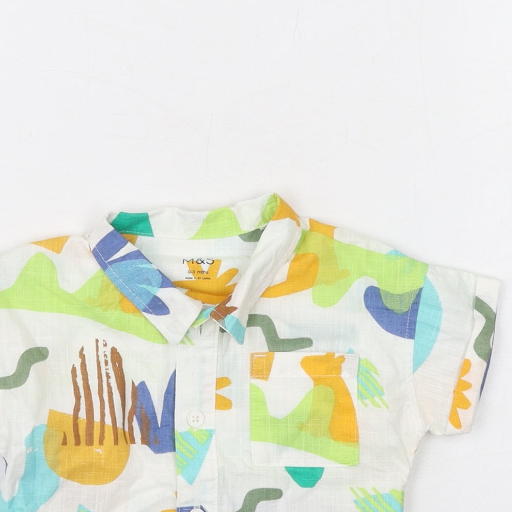 Marks and Spencer Boys White Geometric Cotton Basic Button-Up Size 0-3 Months Collared Button - Dinosaur Print