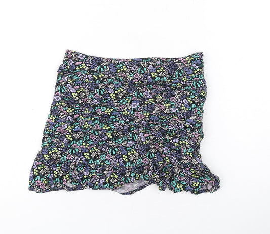 Marks and Spencer Girls Black Floral Viscose A-Line Skirt Size 6-7 Years Regular Zip