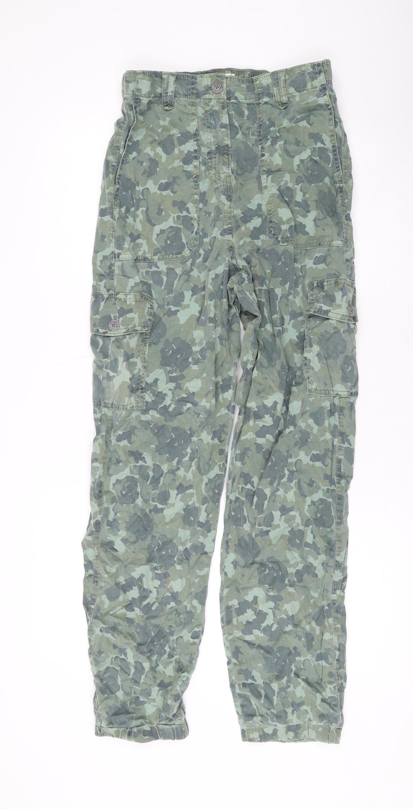 Marks and Spencer Womens Green Camouflage Lyocell Cargo Trousers Size 8 L28 in Regular Zip