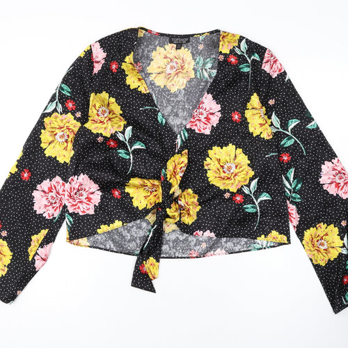 Topshop Womens Black Floral Polyester Basic Blouse Size 10 V-Neck
