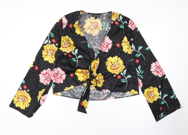 Topshop Womens Black Floral Polyester Basic Blouse Size 10 V-Neck