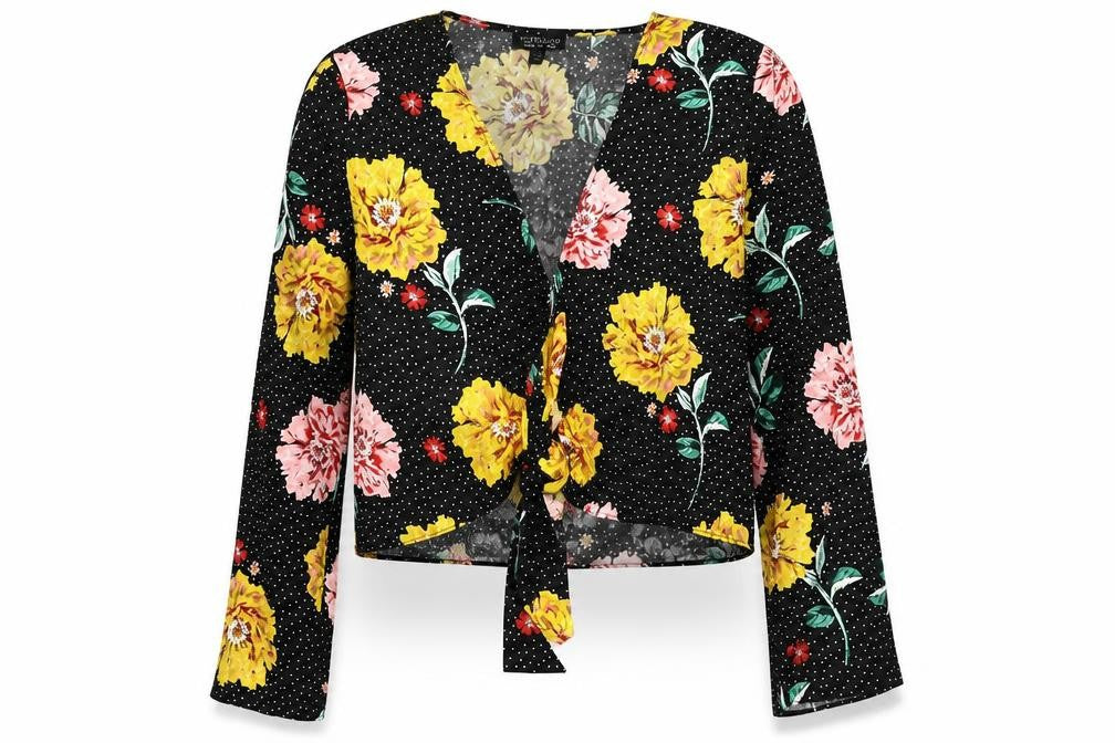Front view of Topshop women’s black floral polyester basic blouse, size UK 10, v-neck