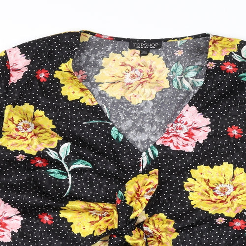 Topshop Womens Black Floral Polyester Basic Blouse Size 10 V-Neck