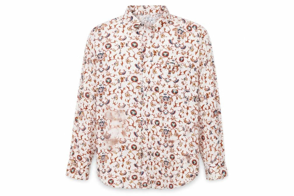 Front view of We Are cow men’s beige geometric polyester button-up, size L, collared button