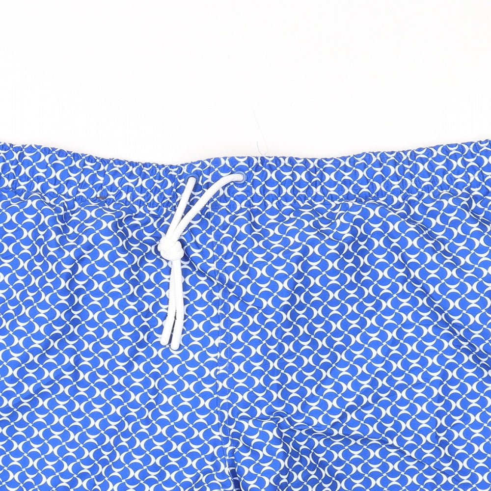 Marks and Spencer Mens Blue Geometric Polyester Bermuda Shorts Size 3XL L6 in Regular Drawstring - Swim Shorts