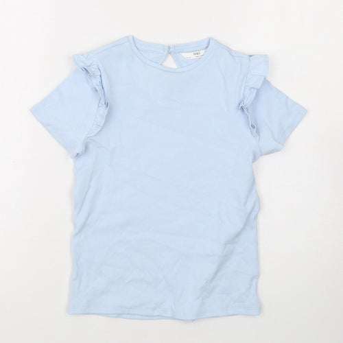 Marks and Spencer Girls Blue Cotton Basic T-Shirt Size 6-7 Years Round Neck Button