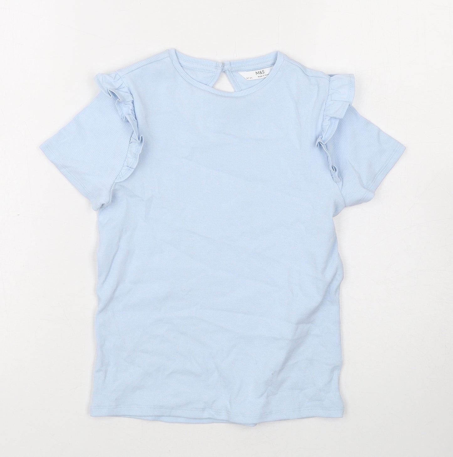 Marks and Spencer Girls Blue Cotton Basic T-Shirt Size 6-7 Years Round Neck Button