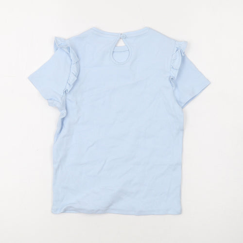 Marks and Spencer Girls Blue Cotton Basic T-Shirt Size 6-7 Years Round Neck Button