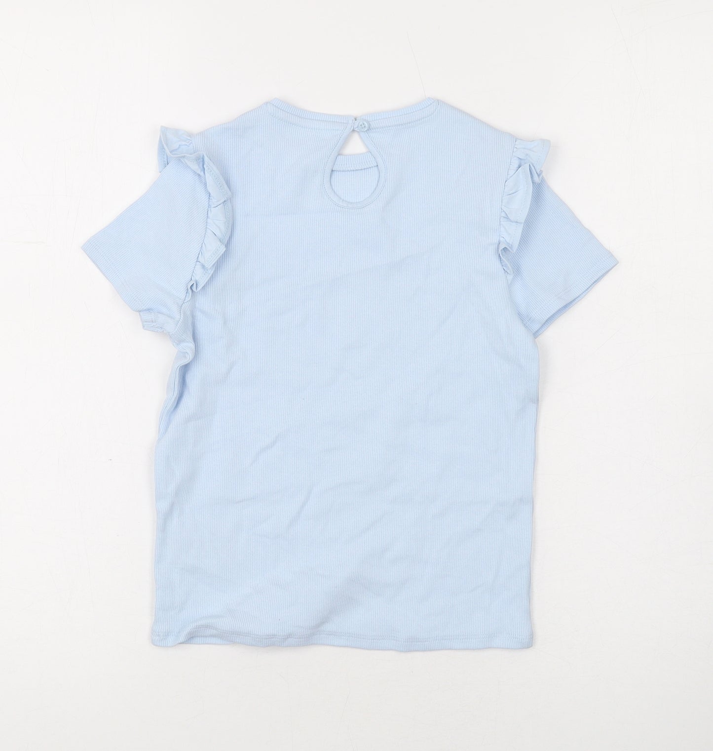 Marks and Spencer Girls Blue Cotton Basic T-Shirt Size 6-7 Years Round Neck Button