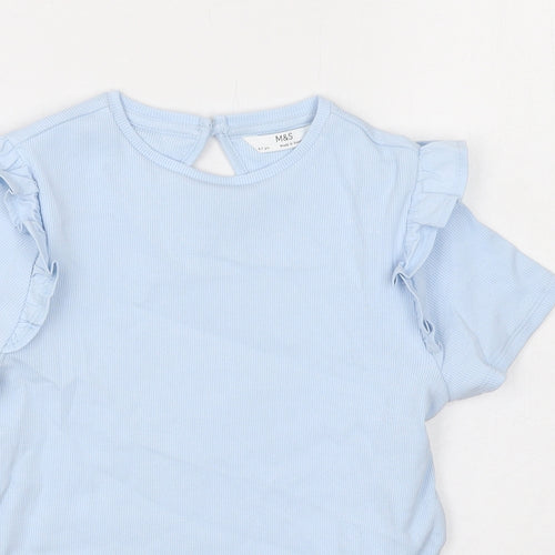 Marks and Spencer Girls Blue Cotton Basic T-Shirt Size 6-7 Years Round Neck Button
