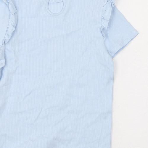 Marks and Spencer Girls Blue Cotton Basic T-Shirt Size 6-7 Years Round Neck Button