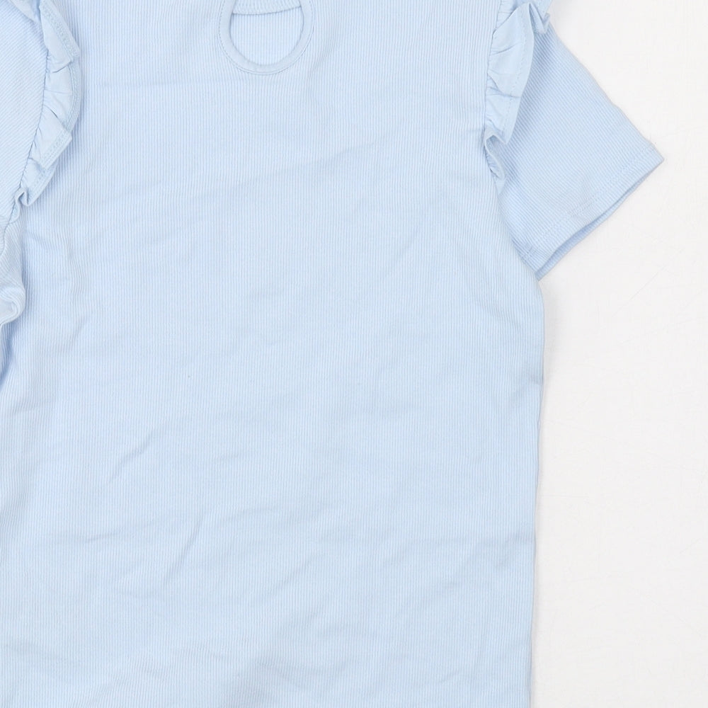 Marks and Spencer Girls Blue Cotton Basic T-Shirt Size 6-7 Years Round Neck Button