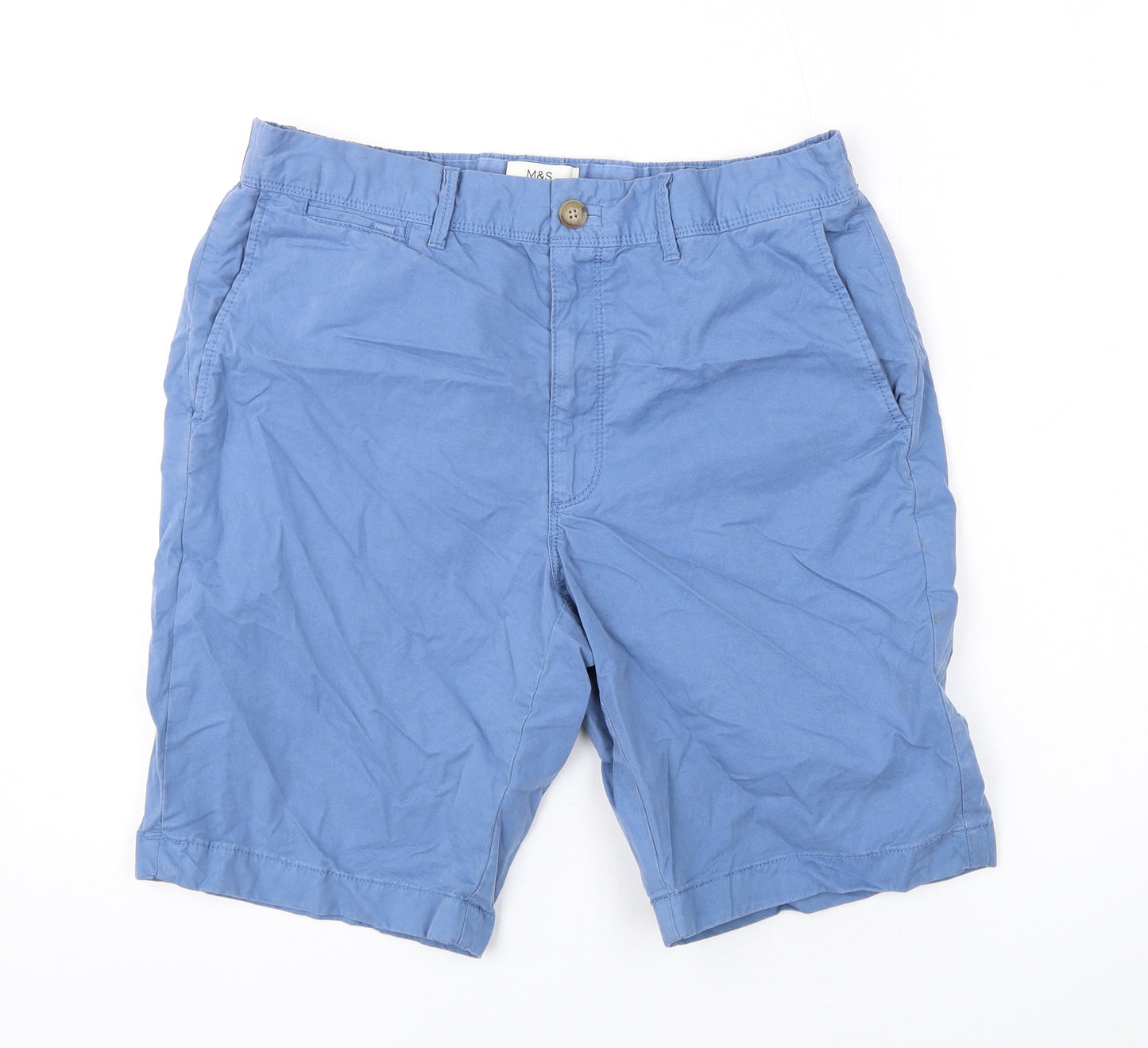 Marks and Spencer Mens Blue Cotton Chino Shorts Size 32 in L9 in Regular Zip