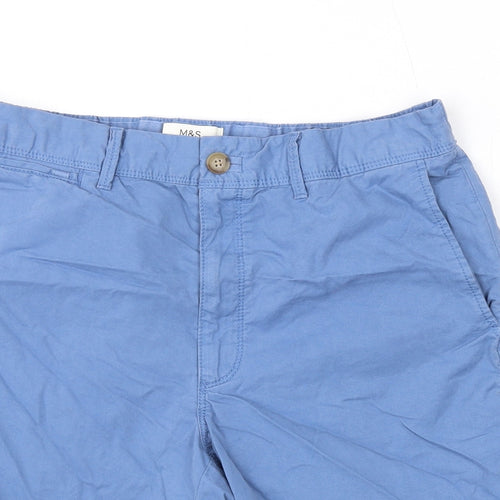 Marks and Spencer Mens Blue Cotton Chino Shorts Size 32 in L9 in Regular Zip