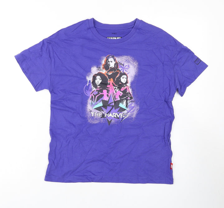 Marks and Spencer Boys Purple Cotton Basic T-Shirt Size 10-11 Years Round Neck Pullover - Marvel