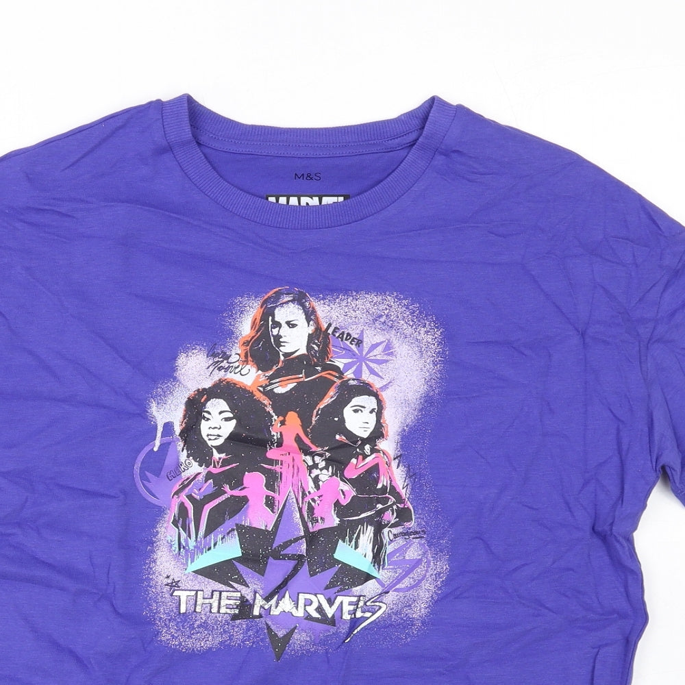 Marks and Spencer Boys Purple Cotton Basic T-Shirt Size 10-11 Years Round Neck Pullover - Marvel