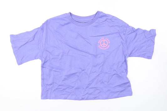 Marks and Spencer Girls Purple Cotton Cropped T-Shirt Size 8-9 Years Round Neck Pullover - Peace