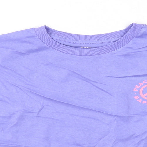 Marks and Spencer Girls Purple Cotton Cropped T-Shirt Size 8-9 Years Round Neck Pullover - Peace