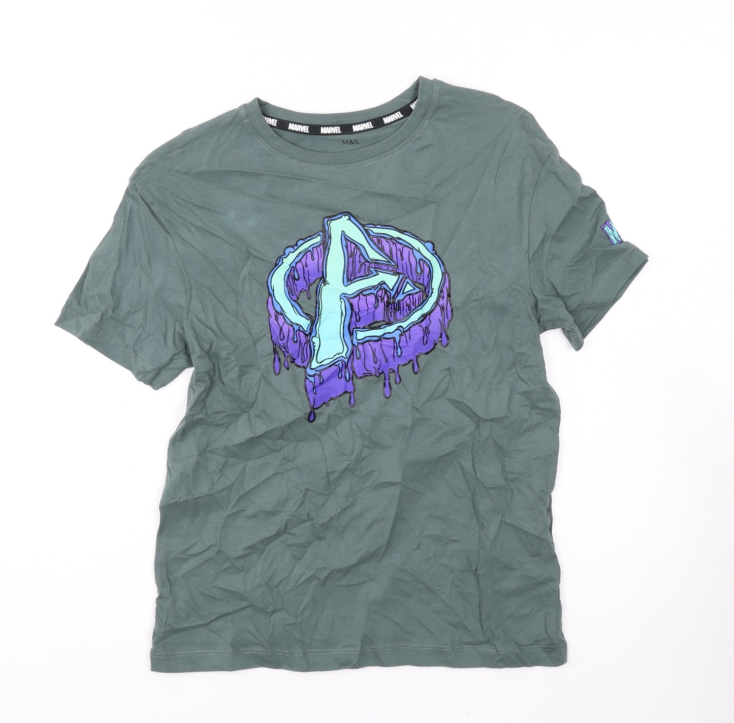 Marks and Spencer Boys Green Cotton Basic T-Shirt Size 10-11 Years Round Neck Pullover - Marvel, Avengers
