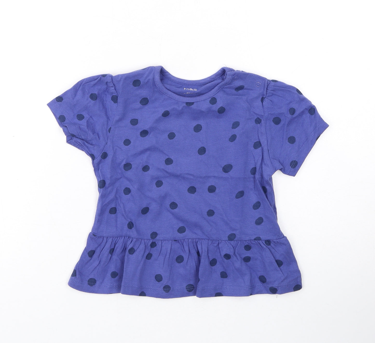 Marks and Spencer Girls Purple Polka Dot Cotton Basic T-Shirt Size 2-3 Years Round Neck Snap