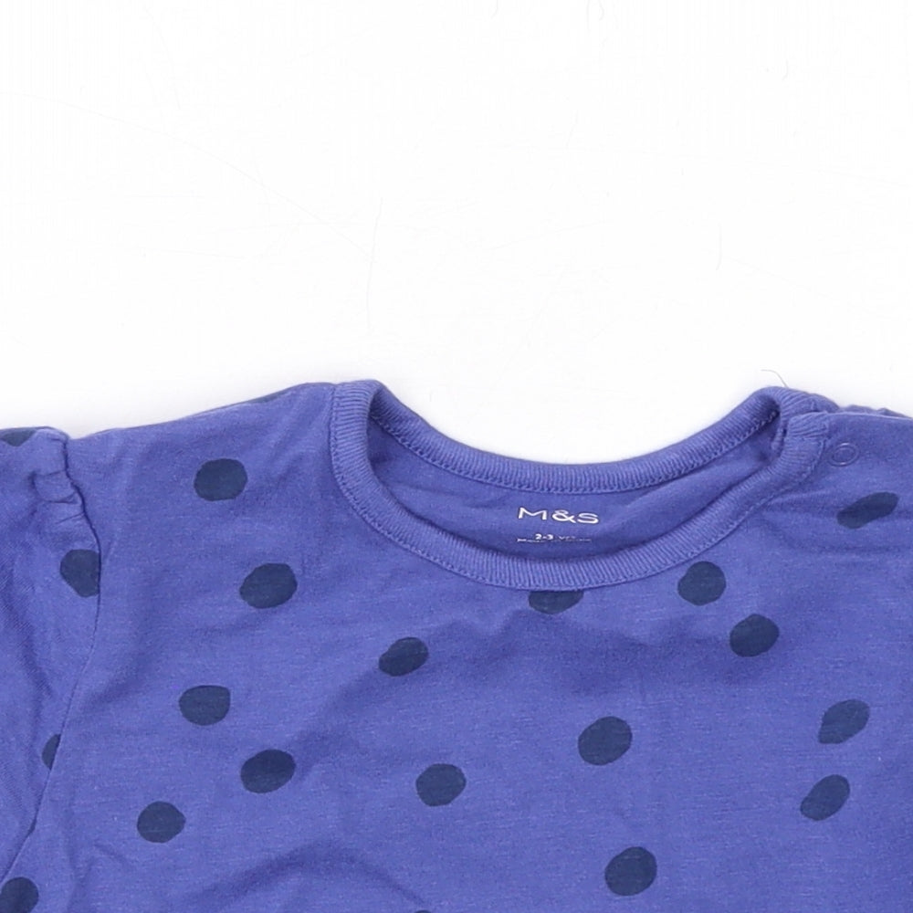 Marks and Spencer Girls Purple Polka Dot Cotton Basic T-Shirt Size 2-3 Years Round Neck Snap