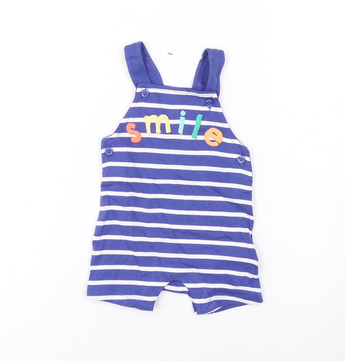 Marks and Spencer Baby Blue Striped Cotton Dungaree One-Piece Size 0-3 Months Button - Smile
