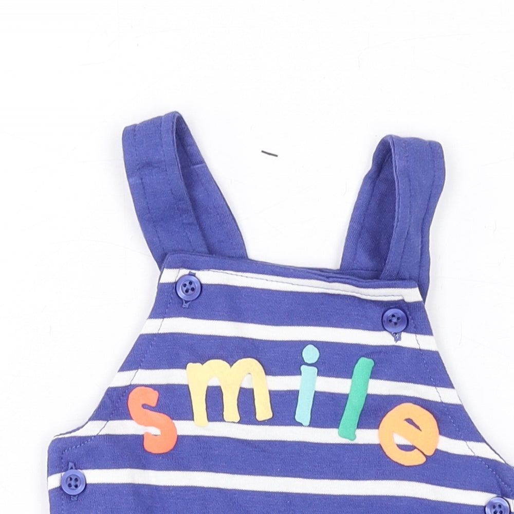 Marks and Spencer Baby Blue Striped Cotton Dungaree One-Piece Size 0-3 Months Button - Smile