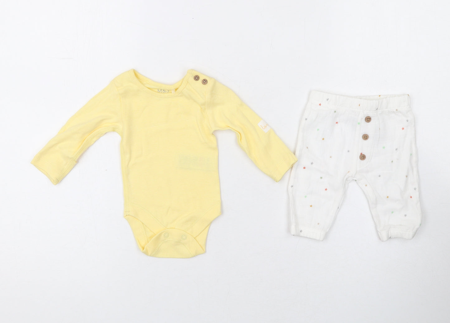 Marks and Spencer Baby Yellow Geometric Cotton Bodysuit Outfit/Set Size Newborn Snap - Star Print