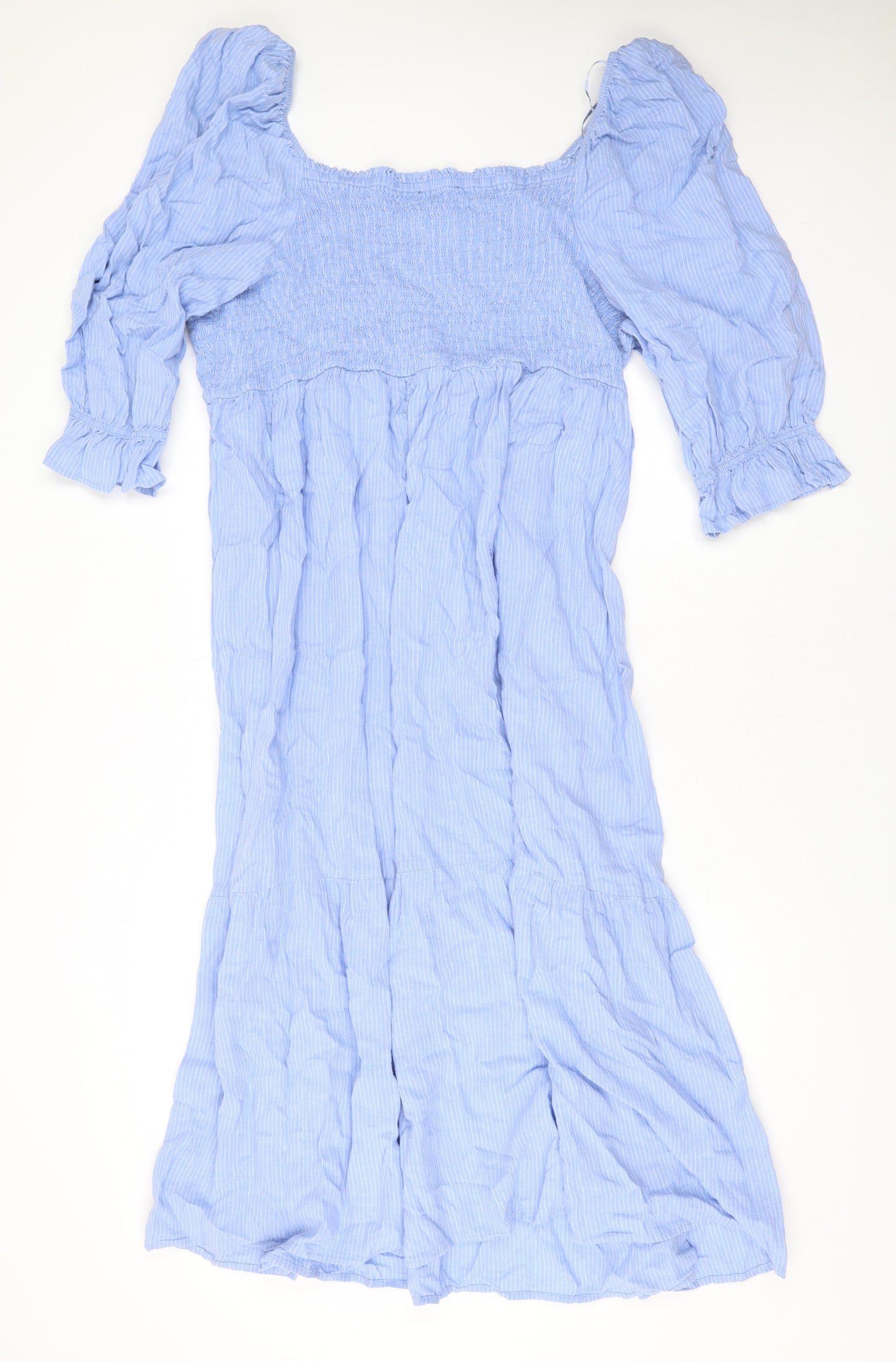Marks and Spencer Womens Blue Striped Linen A-Line Size 22 Square Neck Pullover