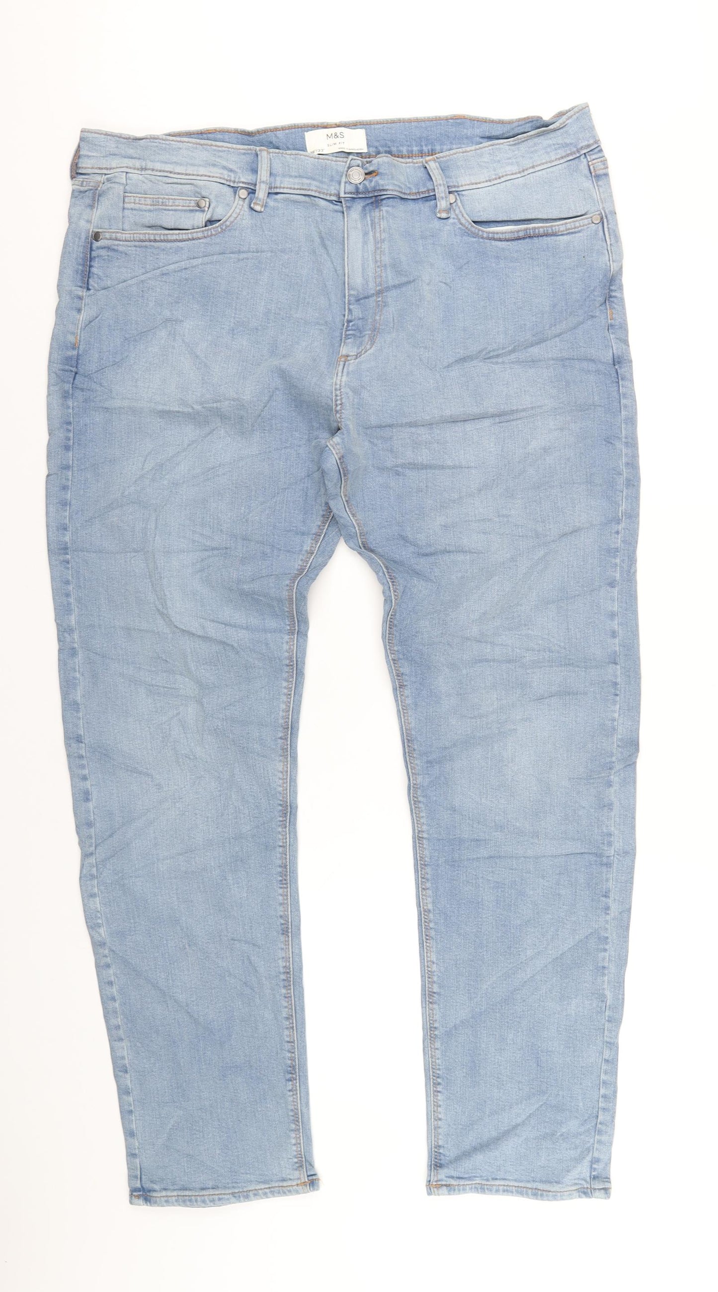 Marks and Spencer Mens Blue Cotton Straight Jeans Size 38 in L33 in Slim Zip