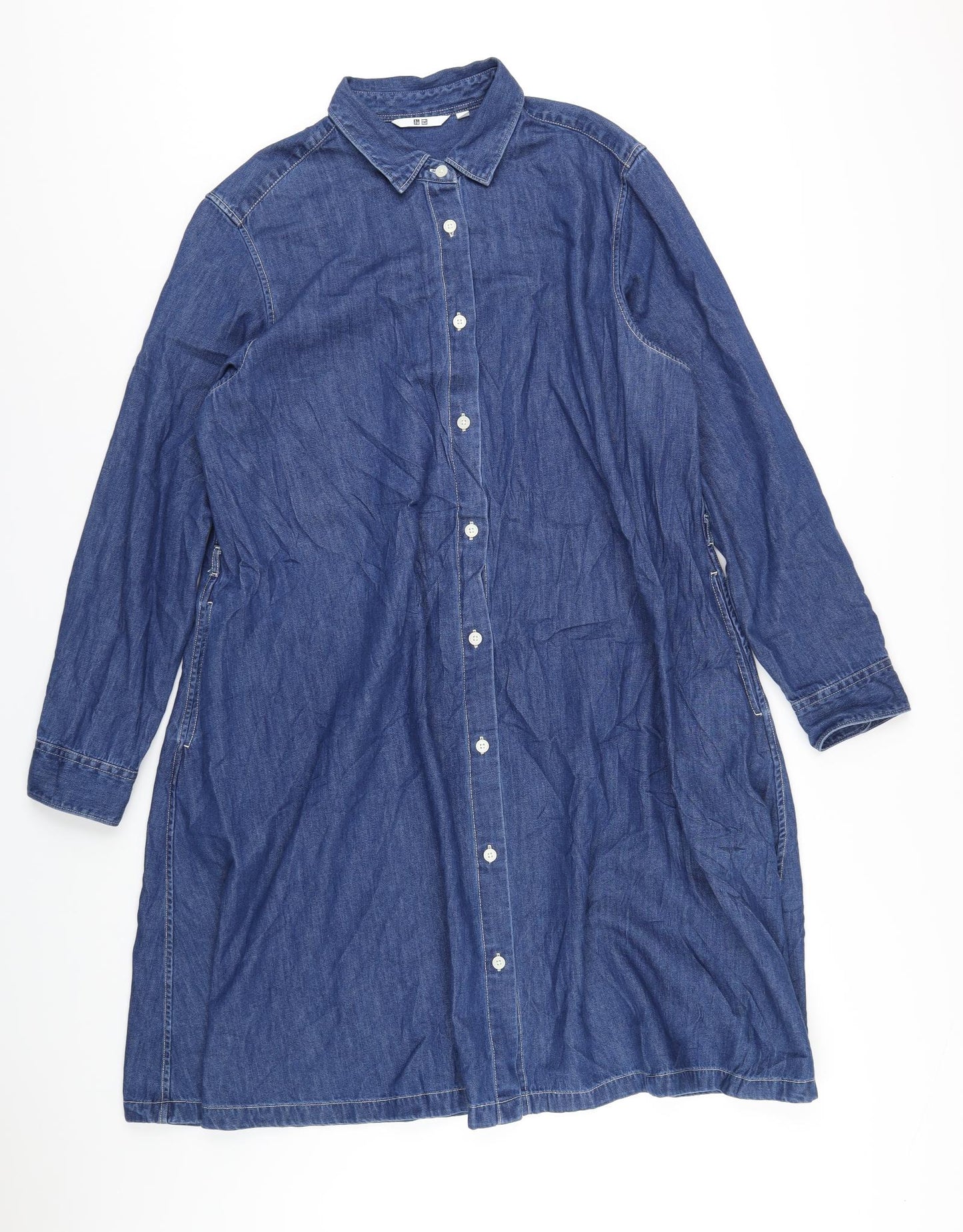 Uniqlo Womens Blue Cotton Shirt Dress Size L Collared Button