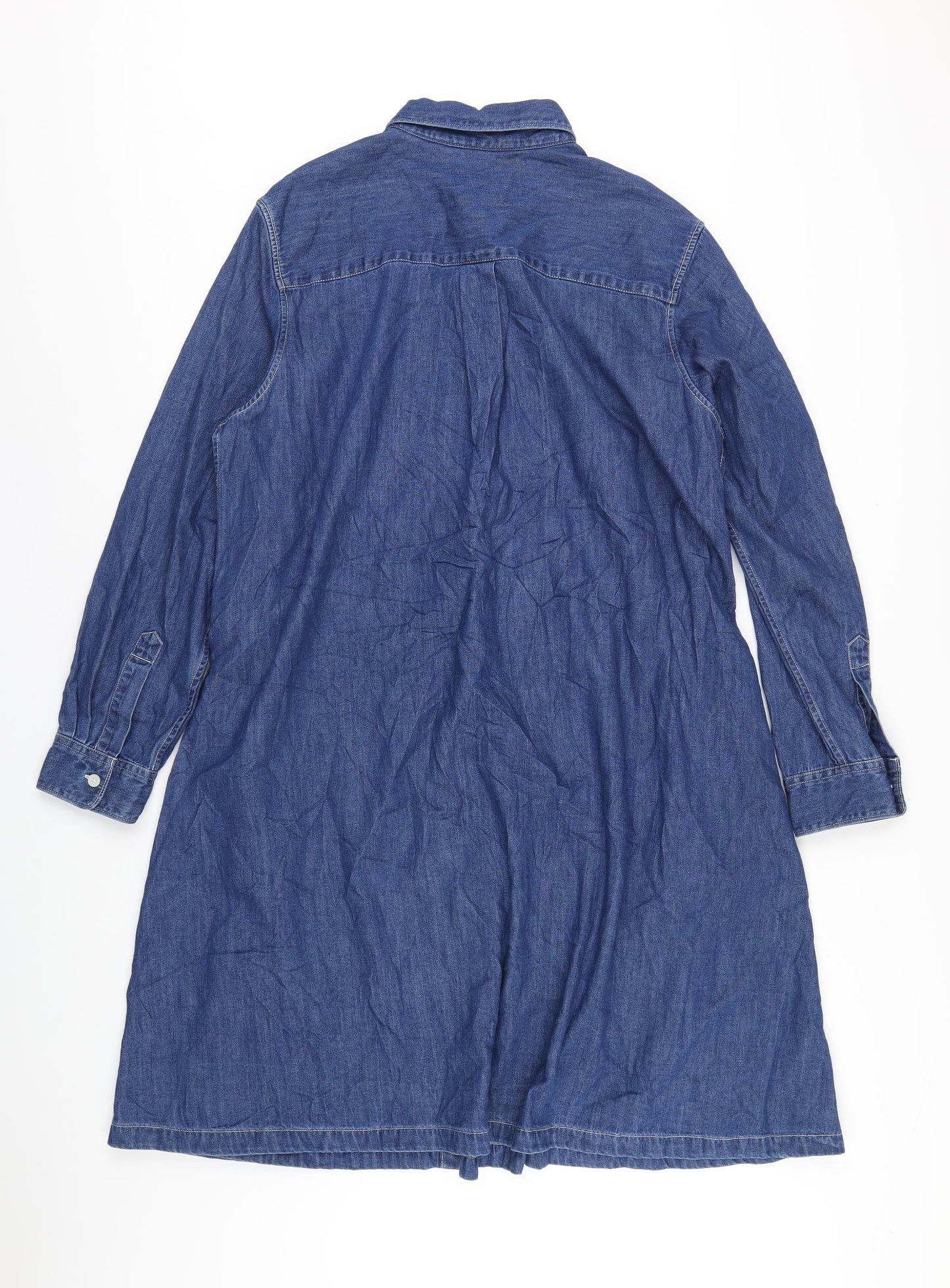 Uniqlo Womens Blue Cotton Shirt Dress Size L Collared Button