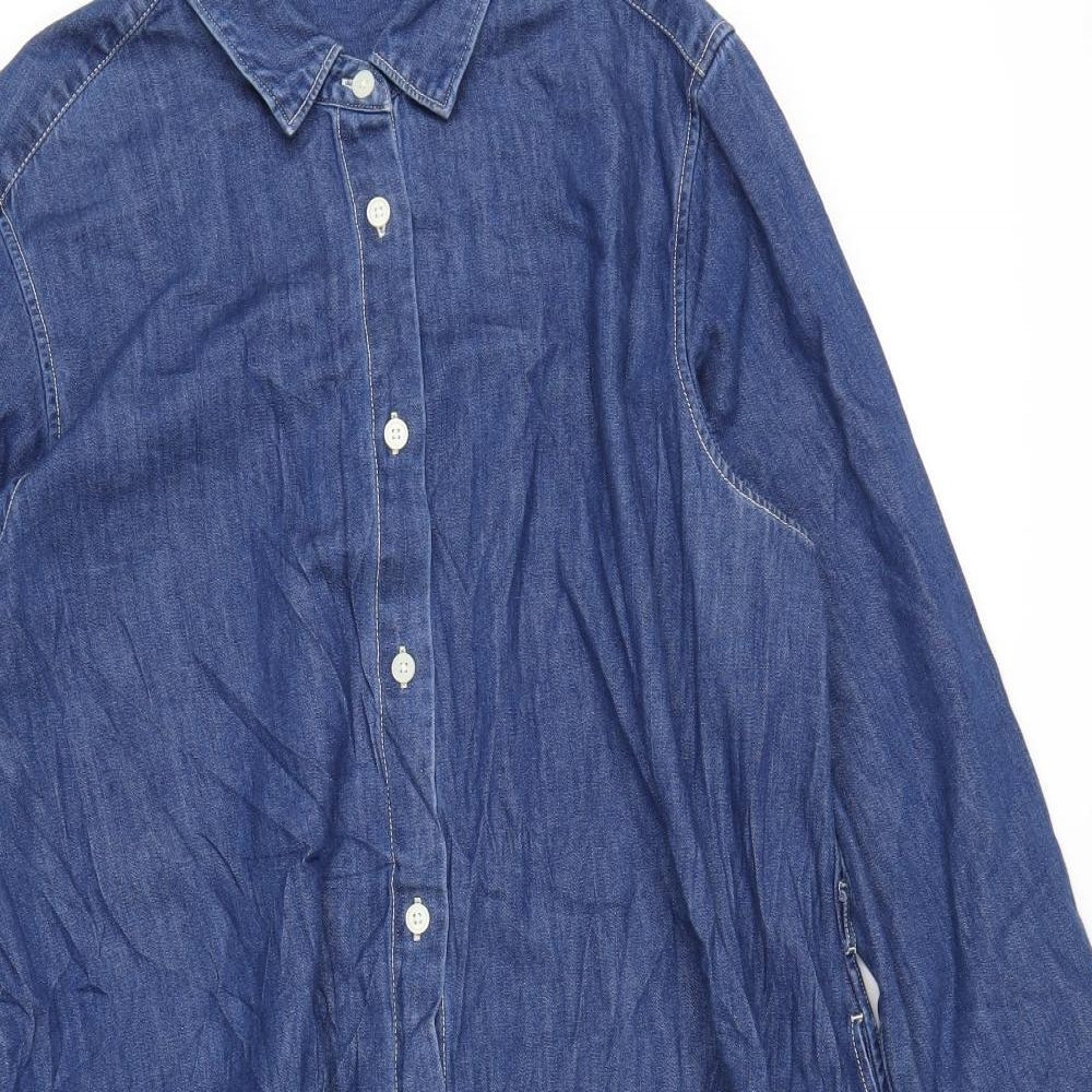 Uniqlo Womens Blue Cotton Shirt Dress Size L Collared Button