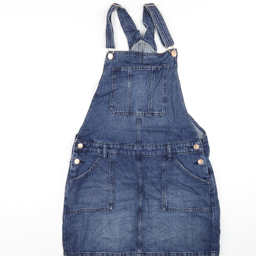 Marks and Spencer Girls Blue Cotton Pinafore/Dungaree Dress Size 15-16 Years Square Neck Buckle