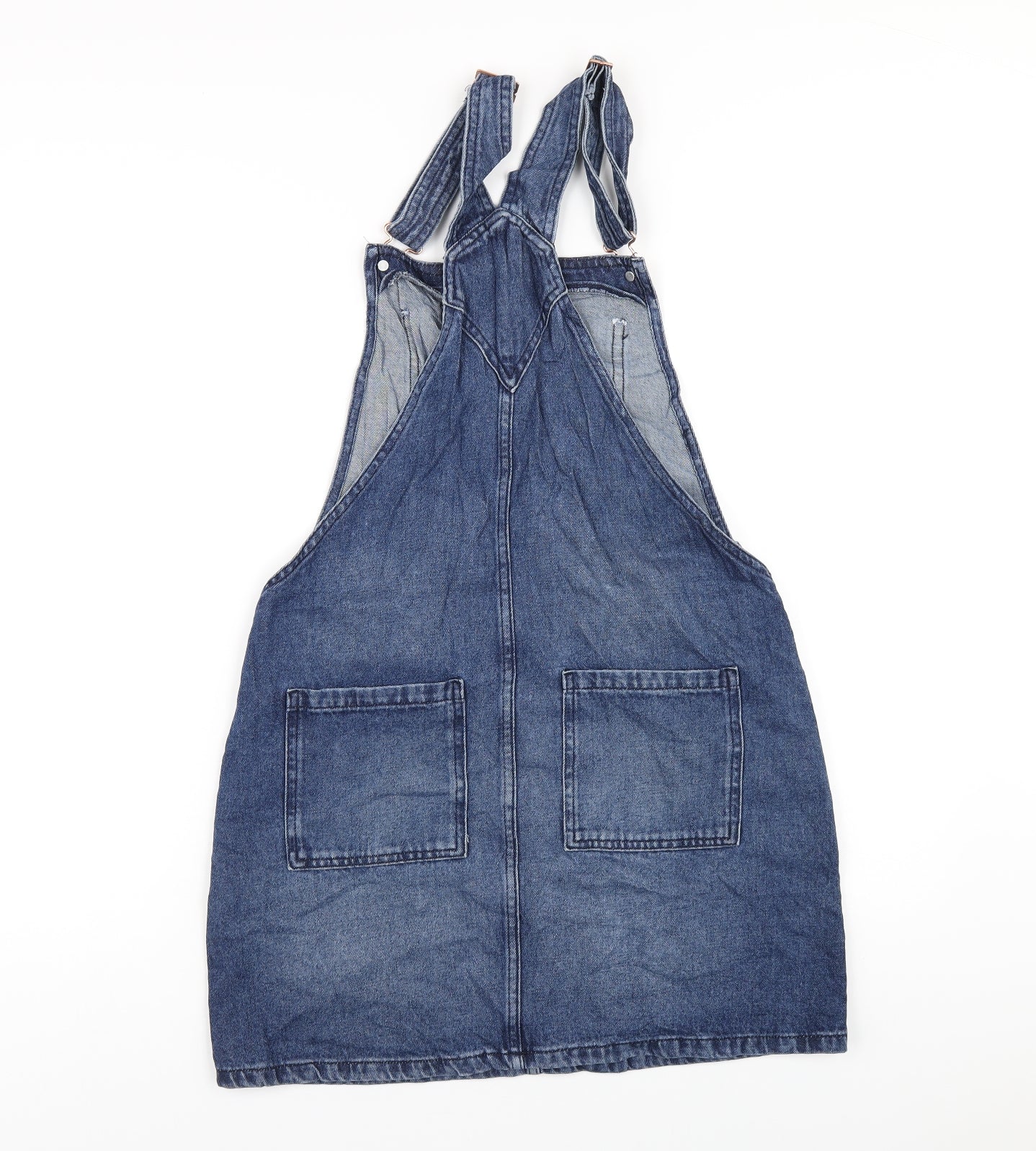 Marks and Spencer Girls Blue Cotton Pinafore/Dungaree Dress Size 15-16 Years Square Neck Buckle