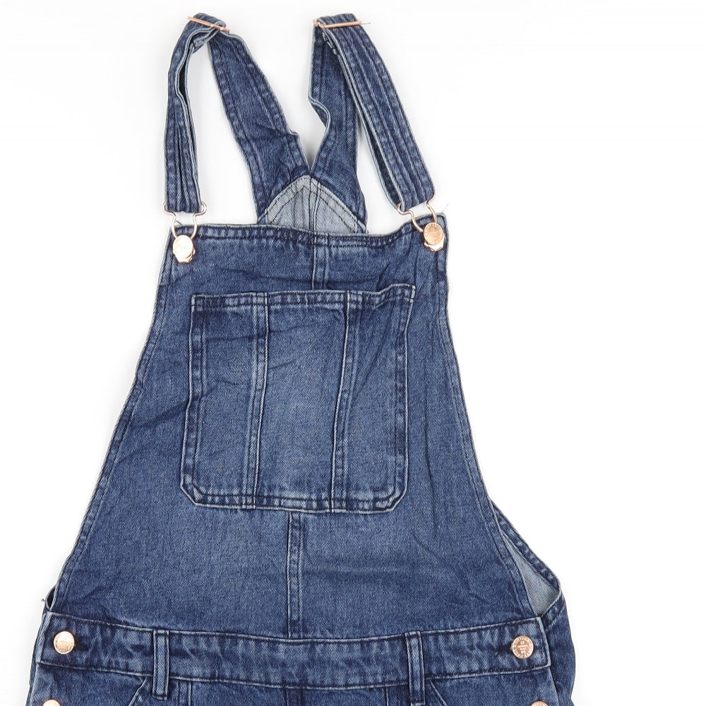 Marks and Spencer Girls Blue Cotton Pinafore/Dungaree Dress Size 15-16 Years Square Neck Buckle