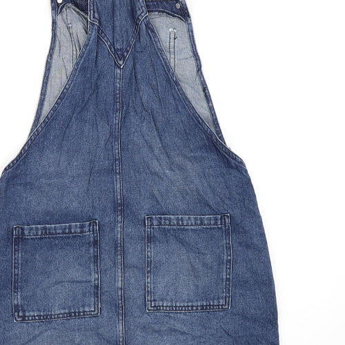 Marks and Spencer Girls Blue Cotton Pinafore/Dungaree Dress Size 15-16 Years Square Neck Buckle